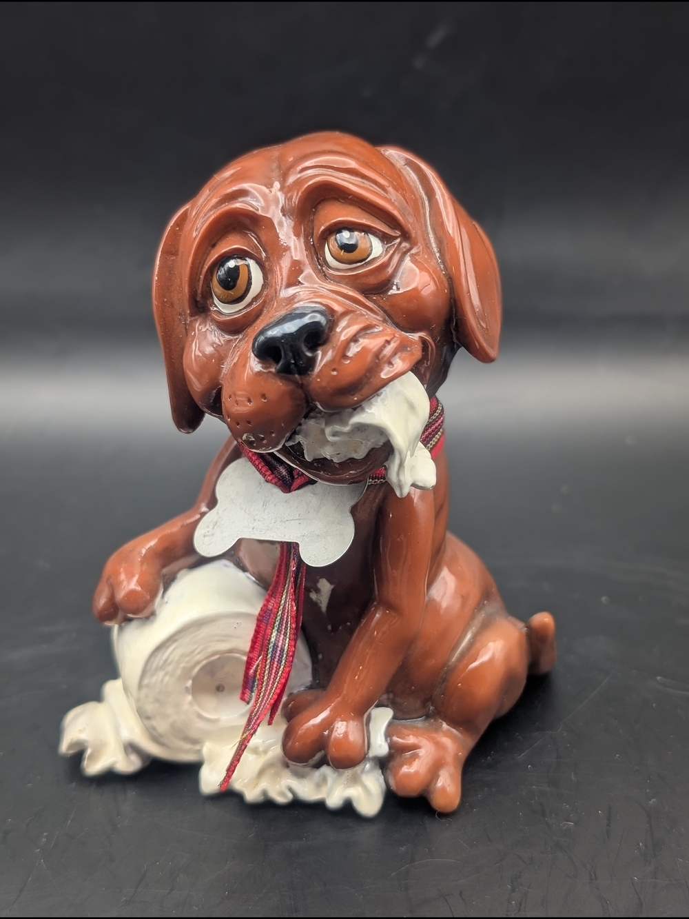 Little Paws Ceramic Brown Dog Figurine Playing With Toilet Paper